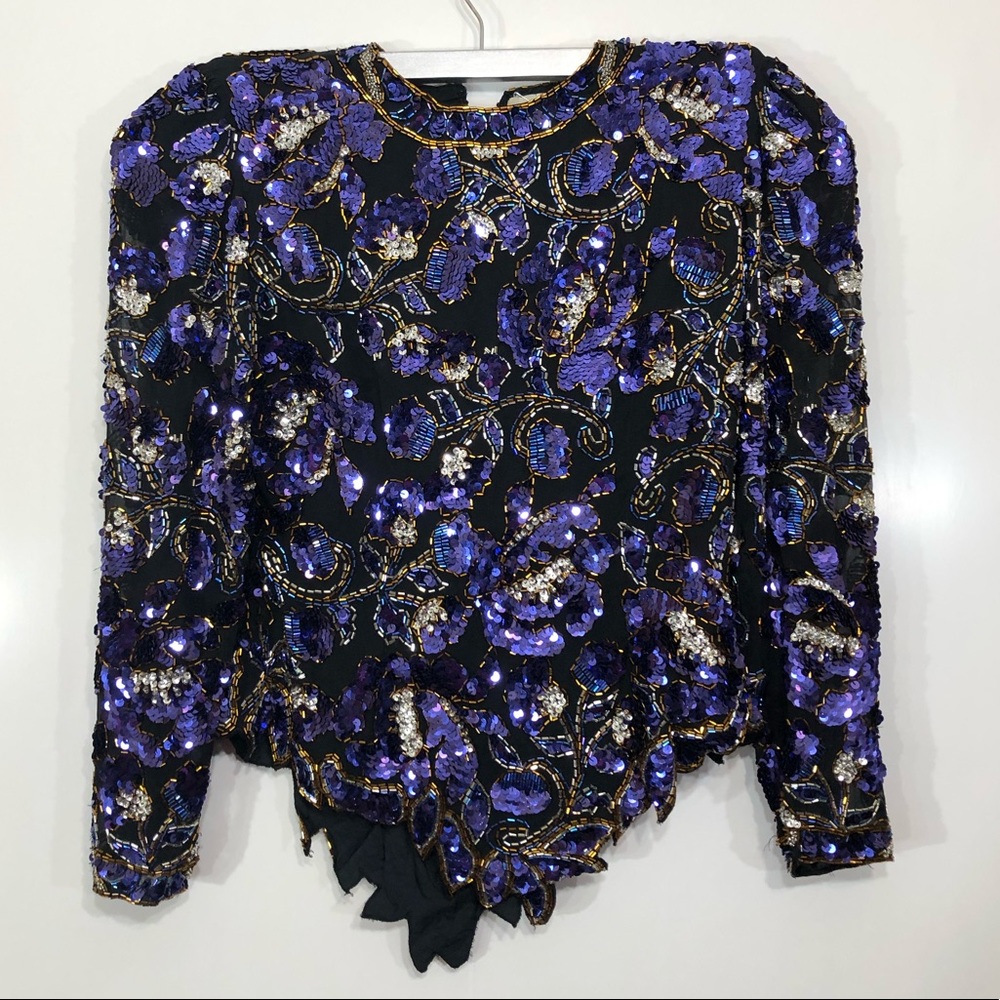 Vintage Black Tie Oleg Cassini sequin top Sz small